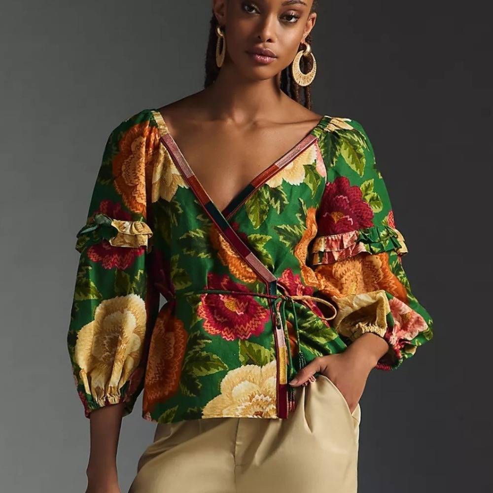 FARM Rio x Anthropologie Puff-Sleeve Wrap‎ Top NWOT Size XS Linen Blend Floral